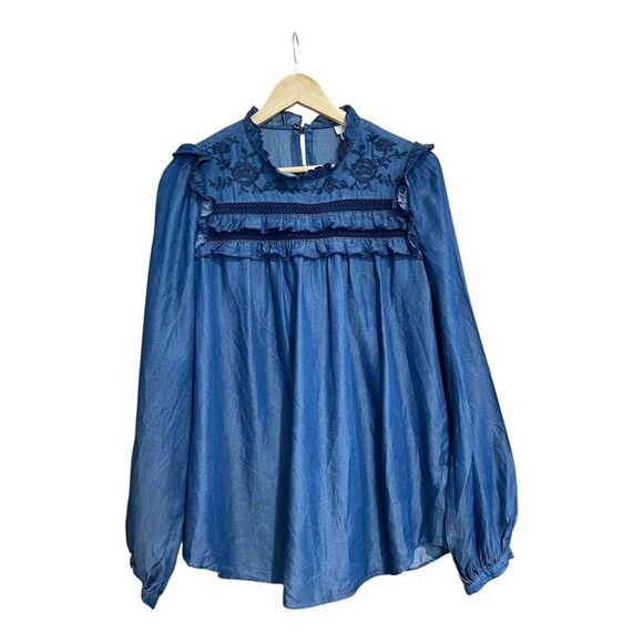 Kate Spade Chambray Embroidered Balloon Sleeve Top Size Medium - Picture 1 of 10